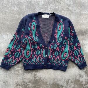 Vintage 80's 90's Paris Sport Club 3D Hand Knit Sweater Cardigan Medium Women's